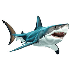 A realistic depiction of a great white shark swimming gracefully in open water. its powerful body and sharp teeth. with a clean white background emphasizing its features