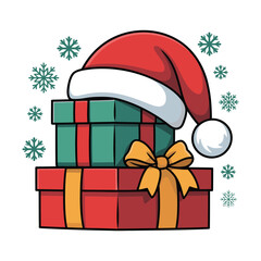 Stack of christmas presents with santa hat and snowflakes festive holiday gifts isolated