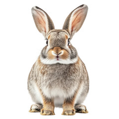 A close-up view of a fluffy rabbit sitting upright. its large ears and soft fur. against a plain white background. ideal for nature-themed projects or animal-related content