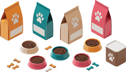 Pet food packaging set with bowls treats and containers 3d isometric illustration for dog and cat nutrition concept © Mst Nurnehar Begum