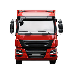 A striking red delivery truck is positioned front-facing against a plain white background. symbolizing logistics and transportation services. ideal for commercial use in advertising