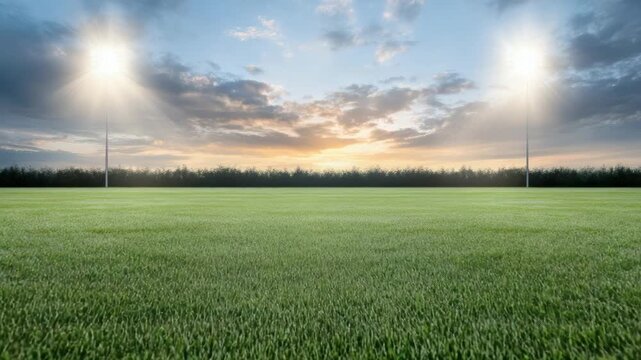 Sunset field grass stadium light green grass sports field sunset with illuminated floodlight towers