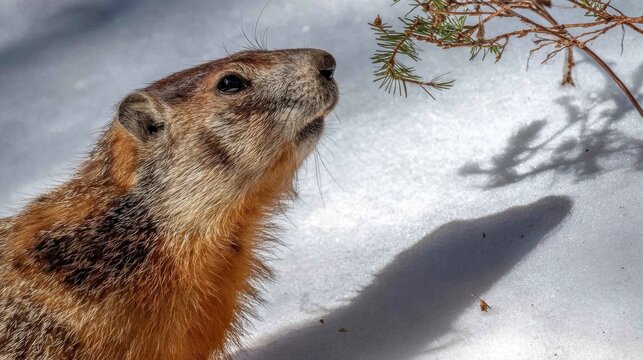 Groundhog looking up toward evergreen branches in winter sunlight. Groundhog Day - Powered by Adobe