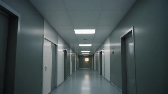 A long, empty, sterile hospital corridor with doors on either side and lights on the ceiling
