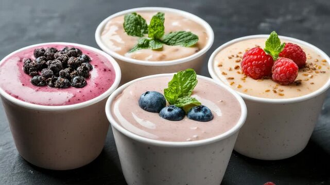 Creamy berry yogurt cups with blueberry raspberry mint garnish. smoothie dessert cups