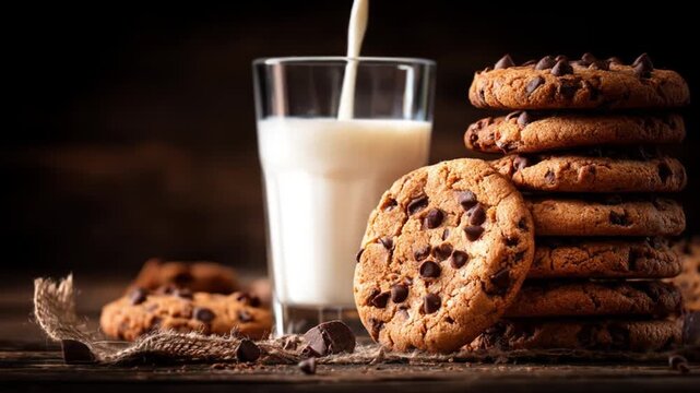 Tall glass of milk poured beside a stack of chocolate chip cookies on a rustic table. Cozy bite now