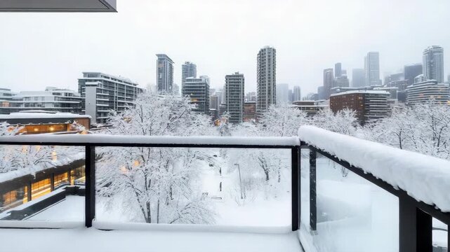 Snowy balcony overlooking city skyline and park with soft evening light calm winter highrise