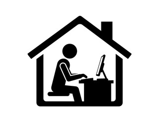 A bold black-and-white pictogram showing a stick figure typing at a desk inside a house-shaped frame. The figure is drawn in side profile, with clear arm placement on the keyboard and a monitor on the