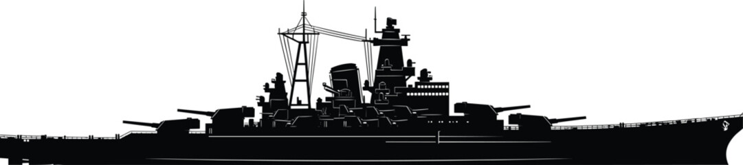 Mighty Naval Warship Silhouette Vector Graphic, Historically Accurate Outline of a World War II Era Battleship Profile, Majestic Military Vessel Design for Maritime History and Vintage © Shami's World