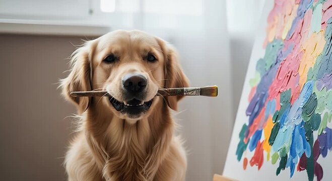 Golden retriever holding paintbrush next to colorful abstract canvas