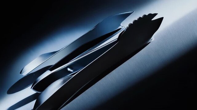 Shiny metal kitchen tongs, lit dramatically, reflecting light in a dark space