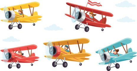 Vintage biplane airplane cartoon set colorful retro aircraft flying in sky flat vector illustration aviation travel adventure concept