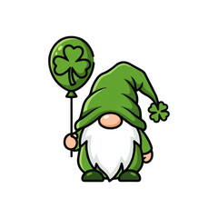 Fototapeta premium A charming St. Patrick's Day gnome in green, holding a glowing shamrock lantern and a bouquet of yellow flowers, surrounded by lucky clovers. Perfect for spring and holiday designs.