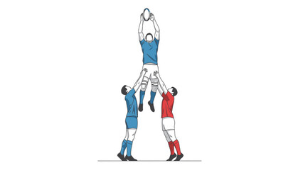 Rugby Players Jumping for Ball in Lineout Formation Sports Teamwork Illustration