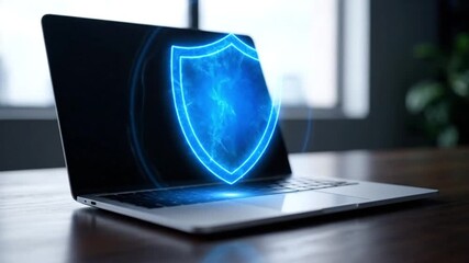 Laptop with glowing blue shield icon, symbolizing digital data security and antivirus protection - Powered by Adobe