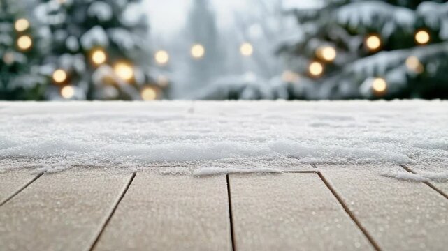 Snowy wooden deck dusting with bokeh holiday lights and blurred evergreen tree creating cozy winter