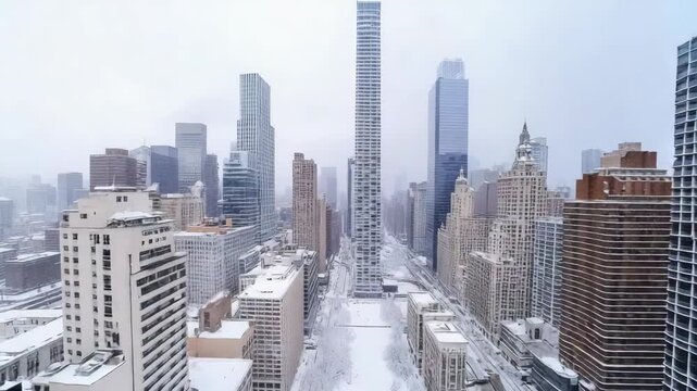 Snowy city skyline with highrise buildings and tree lined avenue framed by skyscraper facades