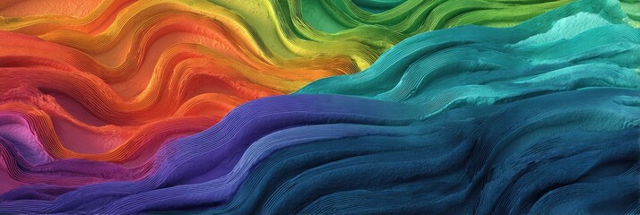 Abstract, vibrant, textured waves of colors red, orange, yellow, green, blue, and purple