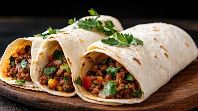 Spiced ground beef burrito wrap with tortilla, cilantro and corn vegetables rustic savory meal
