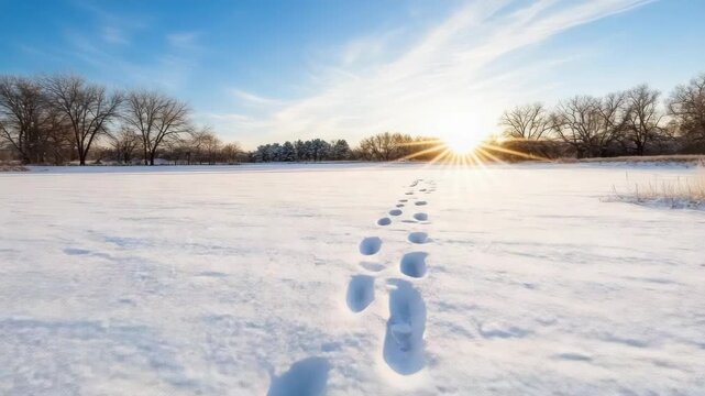 Snow footsteps leading across sunlit field toward glowing sunrise and bare winter tree