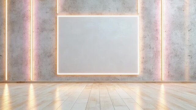 Minimal modern gallery wall with illuminated frame and wooden floor, concrete texture and neon