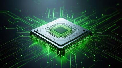 Close-up of a metallic computer chip, with glowing green circuitry