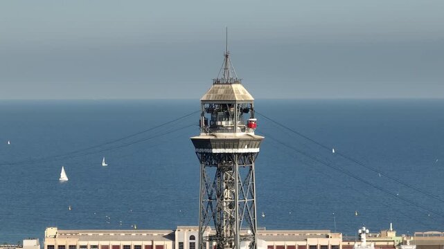 sunny day barcelona city famous bay funicular towers aerial panorama 4k spain 