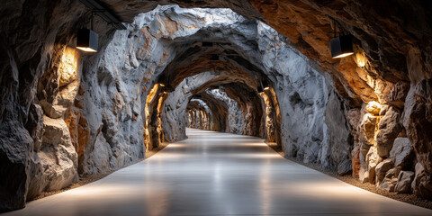 Fototapeta premium Exploring strategic minerals supply in a modern mining tunnel underground location industrial environment wide-angle view