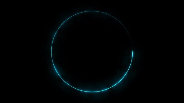 Cyan circle glowing neon light moving loading clockwise on black background