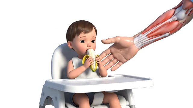 CGI Child Eats Banana in High Chair with an Animated Hand Teaching Safety isolated on White Background Choking Hazard and Prevention with Medical