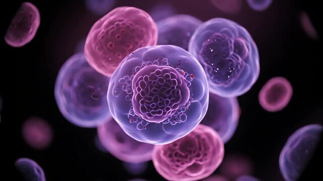 A detailed 3D animated microscopic view of purple and pink human cells flowing in a dark background
