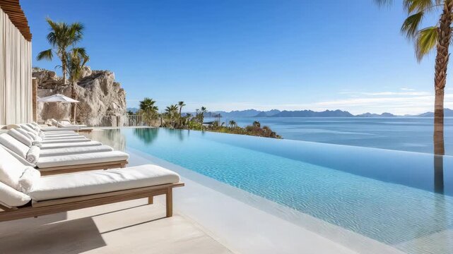 Luxury infinity pool terrace with lounge chair ocean view island palm tree sun loungers serene