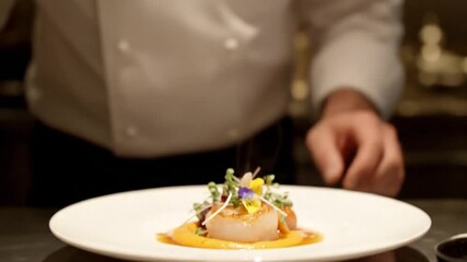 Gourmet scallop dish being meticulously plated by a chef, culinary art