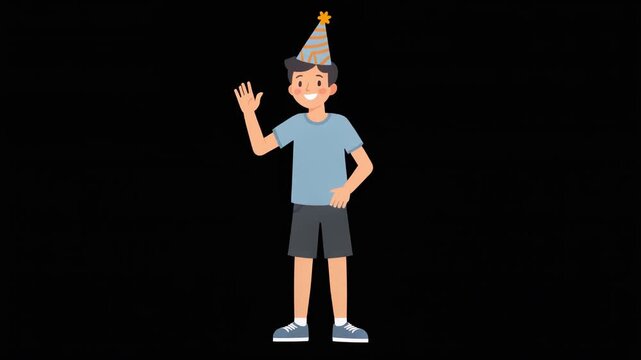 Cartoon vector illustration of a boy in a black hat and suit working a job. Teen boy in casual shorts with party hat smiling and waving,
