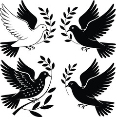 Obraz premium Four peace doves carrying olive branches flat vector design illustration art