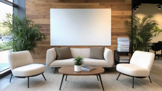 Modern lounge area with neutral sofa and chair, wooden wall and indoor plant creating calm ambience