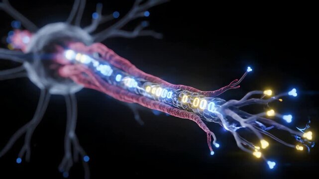 A 3D animated neuron transmitting a digital data signal through its axon, representing neural network activity