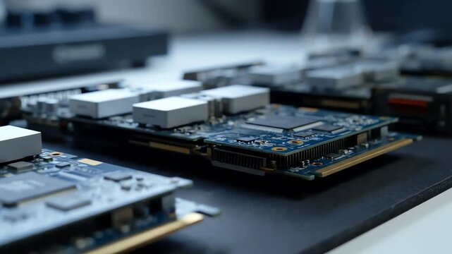 A detailed dolly shot of advanced computer circuit boards and microchips on a workbench in a technology laboratory
