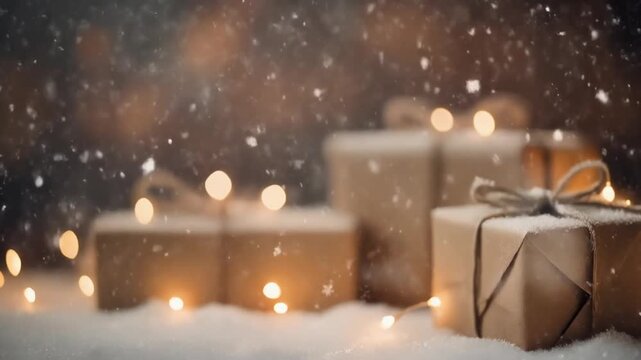 A Christmas background with gifts wrapped in brown paper and ribbon, surrounded by string lights and snow falling gently. Perfect for Christmas, Merry Christmas, and holiday presentations.