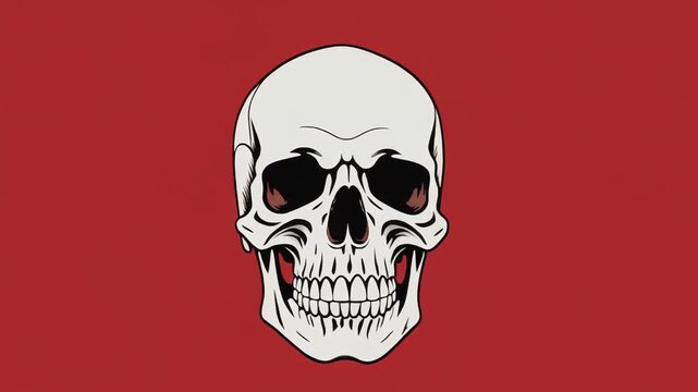A detailed graphic illustration of a human skull with red eye sockets on a solid red background, depicting a classic memento mori theme.