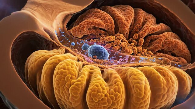 A scientific visualization showing the cross section of a complex biological cell or organelle in motion