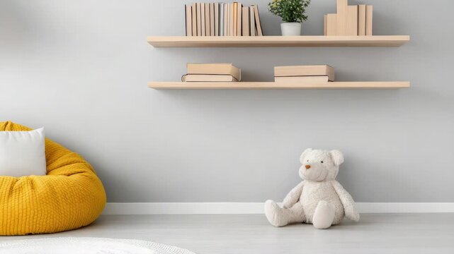 Cozy yellow bean bag pillow with teddy floating shelf and books minimalist nursery reading corner