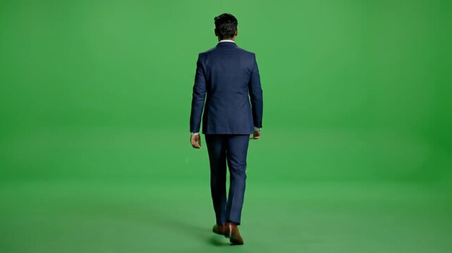 Man in Blue Suit Walking Away Isolated on Green Screen Background for Business Presentation or Corporate Advertisement Concepts