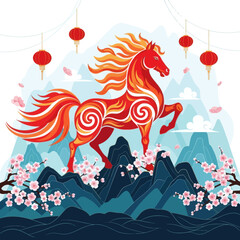 Chinese new year design with horse, lanterns, mountains, and cherry blossom trees.