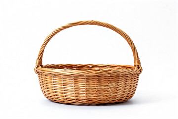 Empty Wicker Basket with Handle Isolated on White Background