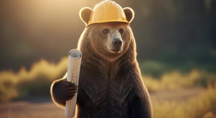 Bear wearing hard hat holding blueprint against blurred background