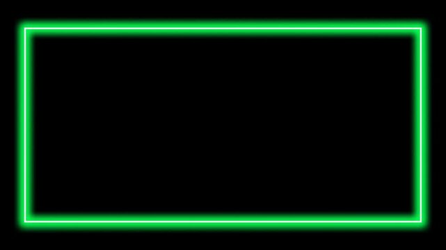 Abstract element animation of glowing green neon rectangular frame on black background