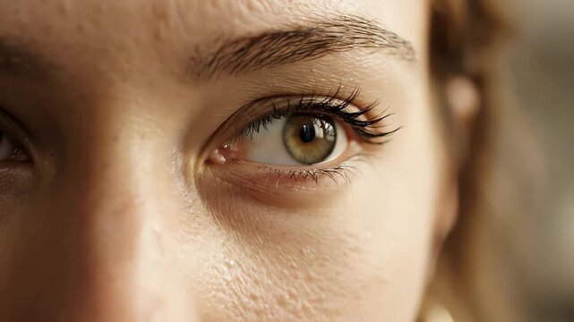 A dramatic close up of a woman's eye with a digital glitch and static noise effect