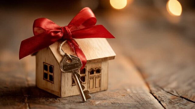 Small wooden house tied with a red ribbon and key on a warm, bokeh-lit rustic surface, cozy. at dusk
