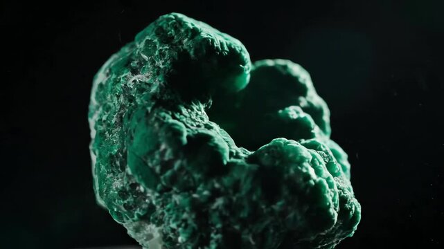 A captivating macro close-up of rotating raw amethyst and malachite gemstones against a dark background